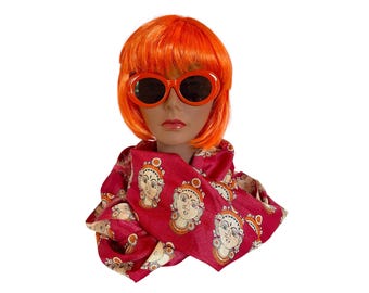 Vintage Long Kalamkari Design Durga Goddess SCARF / Black, Orange, Dark Pink, Tan / 81-1/2" x 41" / Vintage Fashionista / Cool Boho Style!