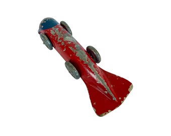 Vintage 1940s Red and Blue Painted Art Deco Design Pressed Steel FISHTAIL RACE CAR Toy / 9" x 3" / Vintage Toy Collector / Sports Car Love