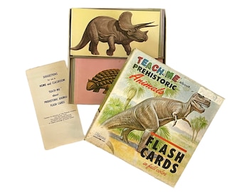 Vintage 1960s Renwal Products Illustrated "Teach Me" PREHISTORIC ANIMALS Flash CARDS / Complete Set of 48 Cards / Creative Learning Tools