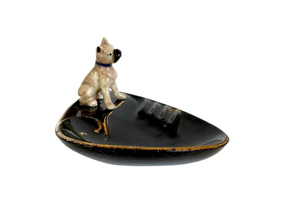 Vintage 1950s BOXER DOG ASHTRAY / 10" x 7" Ceramic Trinket Dish / Made in Japan / Boxer Love / Jewelry, Keys, Loose Change Dish / Rare Find!