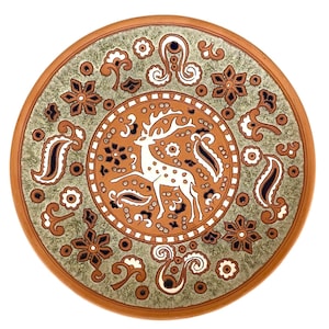 Retro BONIS POTTERY (Greece) Handmade, Hand Painted Terra Cotta Art PLATE / 10-1/8&quot; / Excellent Condition / Deer and Floral Pattern / Fab!