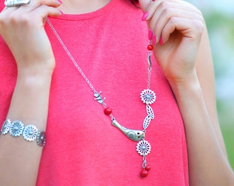 Long necklace Silver chain necklace Bird jewelry gift for Wife Birthday gift Boho necklace Statement necklace Coral necklace for women gift