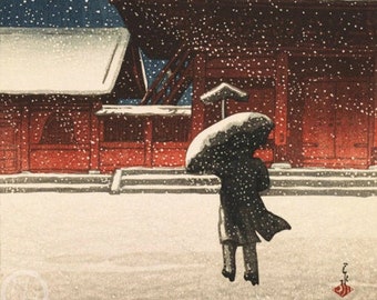 川瀬巴水作「雪の増上寺」日本美術版画、木版画、ジクレー、版画