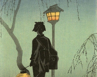 高橋松亭作「春の夕べ」、木版画、ジクレー、版画、アジア美術