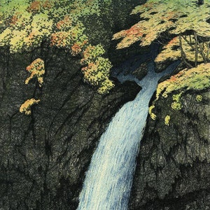 Japanese Art Print &quot;Keegon Waterfalls, Nikko&quot; by Kawase Hasui, woodblock, giclée, print, cultural art, Autumn, leaves, mountain, stream