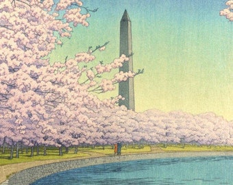 Japanese Art Print "Washington Monument" by Kawase Hasui, woodblock, giclée, print, American, national monuments, DC, cherry blossoms