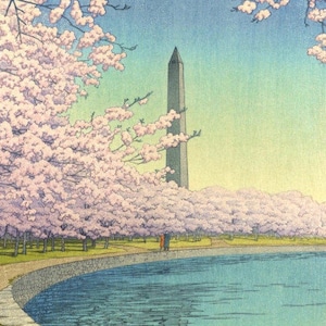 Japanese Art Print "Washington Monument" by Kawase Hasui, woodblock, giclée, print, American, national monuments, DC, cherry blossoms