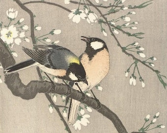 May include: A Japanese woodblock print depicting two birds perched on a branch of a flowering tree. The birds are a light brown and black with a yellow breast. The tree has delicate white blossoms and green leaves. The print is signed with a Japanese character.