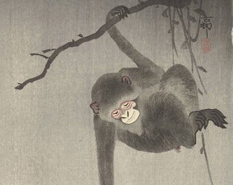 満点の 小原古邨による日本の版画「月を狙う猿」、木版画、ジクレー 絵画
