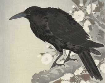 Japanese Art Print "Crow and Full Moon" by Ohara Koson, woodblock, giclée, print, fine art, asian art, cultural art, cherry blossoms