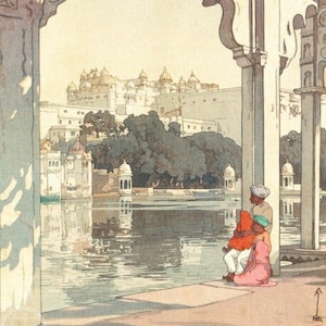 Japanischer Kunstdruck &quot;Der Palast von Udaipur&quot; aus der India and Südostasien Serie von Yoshida Hiroshi, Holzschnitt, Giclée, Druck, Reflection
