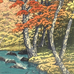 Japanese Art Print "Oirase no AKI (Autumn at Oirase)" by Kawase Hasui, woodblock, giclée, print, asian art, cultural art, forest, Fall