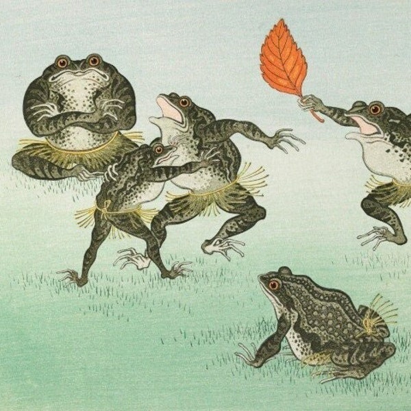 Japanese Art Print "Frogs Sumo Wrestling" by Ohara Koson, woodblock, giclée, print, fine art, asian art, cultural art, frog, yokozuna