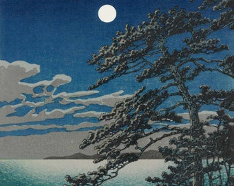 Japanese Art Print "Spring Moon at Ninomiya Beach" by Kawase Hasui, woodblock, giclée, print, asian art, cultural art, ocean shore