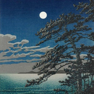Japanese Art Print "Spring Moon at Ninomiya Beach" by Kawase Hasui, woodblock, giclée, print, asian art, cultural art, ocean shore
