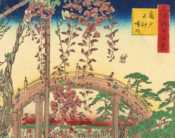 Japanese Art Print "Kameido Tenjin Shrine" by Hiroshige Utagawa, woodblock, giclée, print, cultural art, garden, flowers, wisteria