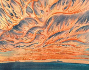 Impression d'art japonais "Setting Sun, Sacramento Valley" par Obata Chiura, gravure sur bois, giclée, impression, Amérique, Californie