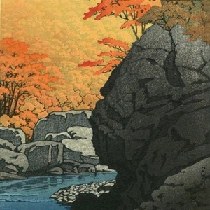 Japanese Art Print "Tengu Rock, Shiobara" by Kawase Hasui, woodblock, giclée, print, asian art cultural, forest, Fall, Autumn, river