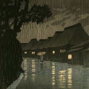 Japanese Art Print "Rain at Maekawa, Soshu" by Kawase Hasui, woodblock, giclée, print, asian art, storm, night, rainy, pouring rain