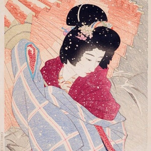 Japanese Art Print "Snowstorm" by Shinsui Ito, woodblock, giclée, print, fine art, asian art, cultural art, snow, umbrella, winter