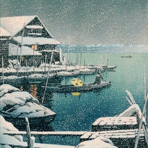 Japanese Art Print "Snow in Mukojima" by Kawase Hasui, woodblock, giclée, print, asian art, landscape, winter, ferry, boat, night