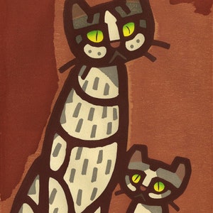 Japanese Art Print &quot;Cat and Kitten&quot; by Tomoo Inagaki, woodblock, giclée, print, cultural art, asian art, Japanese cat, kitten