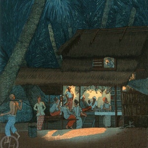 Art Print Reproduction "Night Scene, Malacca" by Elizabeth Keith, woodblock, giclée, print, cultural art, Southeast Asia, palm trees