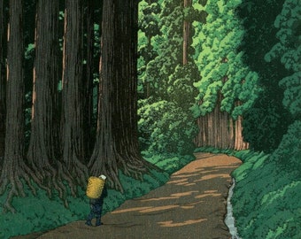 Japanese Art Print "Road to Nikko" by Kawase Hasui, woodblock, giclée, print, asian art, cultural art, forest, Japanese cedar trees