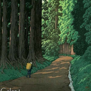 Japońska grafika artystyczna „Droga do Nikko” autorstwa Kawase Hasui, drzeworyt, giclée, druk, sztuka azjatycka, sztuka kulturowa, las, japońskie cedry