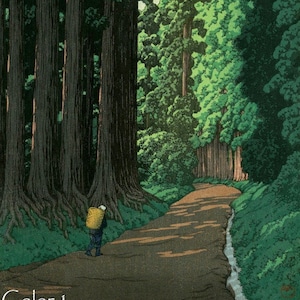 Japanese Art Print "Road to Nikko" by Kawase Hasui, woodblock, giclée, print, asian art, cultural art, forest, Japanese cedar trees