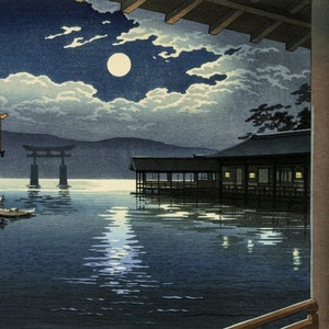 Japanese Art Print "Summer Moon at Miyajima" by Tsuchiya Koitsu, woodblock, giclée, print, cultural art, asian art, torii gate, ocean