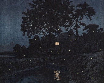 Japanese Art Print &quot;Minuma River in Omiya&quot; by Kawase Hasui, woodblock, giclée, print, asian art, countryside, night, fireflies
