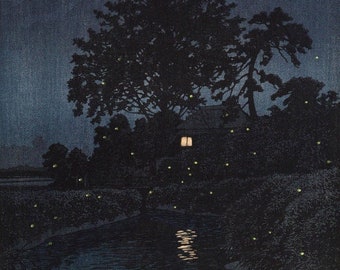 Japanese Art Print "Minuma River in Omiya" by Kawase Hasui, woodblock, giclée, print, asian art, countryside, night, fireflies