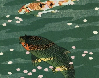 May include: Two koi fish swim in a pond with a green background and pink flower petals floating on the surface. The fish are orange, white, and black.