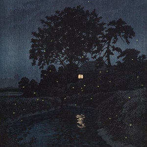 Japanese Art Print "Minuma River in Omiya" by Kawase Hasui, woodblock, giclée, print, asian art, countryside, night, fireflies