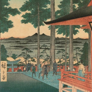 Japanese Art Print &quot;Basho&#39;s Hermitage & Camellia Hill on the Kanda Aqueduct at Sekiguchi&quot; by Hiroshige Utagawa, woodblock, giclée, print