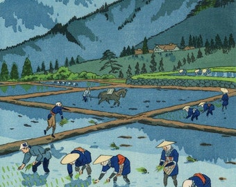 笠松史朗による日本のアートプリント「田植え」、木版画