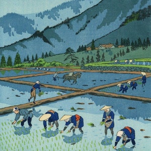 Japanese Art Print &quot;Rice Planting&quot; by Kasamatsu Shiro, woodblock, giclée, print, asian art, rural, rice, fields