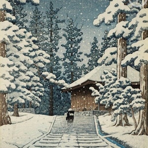 Japanese Art Print "Konjikido in Snow, Hiraizumi" by Kawase Hasui, woodblock, giclée, print, asian art, falling snow, night, winter