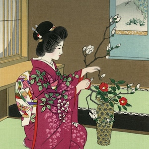 Japanese Art Print "Ikebana" by Kasamatsu Shiro, woodblock, giclée, print, fine art, asian art, cultural art, traditional, flowers