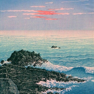 Japanse kunstdruk &quot;Sunrise at Inubozaki&quot; door Kawase Hasui, woodblock, giclée, print, Aziatische kunst, culturele kunst, oceaankust, zeegezicht, golven