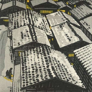Japanese Art Print &quot;Sea of Echigo&quot; by Kasamatsu Shiro, woodblock, giclée, print, asian art, winter, night, snow, rooftop, ocean, coast