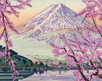 Japanischer Kunstdruck ""Mt. Fuji by the Kawaguchi River"" von Okada Koichi, Holzschnitt, Giclée, Druck, Landschaft, Landschaft, Blüten