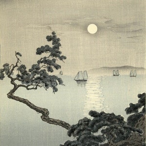 Japanese Art Print &quot;Full Moon at Akashi Beach&quot; by Tsuchiya Koitsu, woodblock, giclée, print, cultural art, moonlit, ocean, seascape