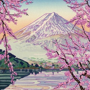 Japanese Art Print "Mt. Fuji by the Kawaguchi River" by Okada Koichi , woodblock, giclée, print, landscape, countryside, blossoms