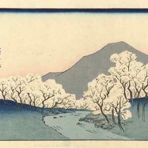 Japanskt konsttryck "Körsbärslund (Sakura Namiki zu)" av Ando Hiroshige, träsnitt, giclée, tryck, blommor, flod, bäck