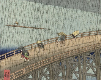 Japanese Art Print "Sudden Shower over Shin-Ohashi Bridge and Atake" by Hiroshige Utagawa, woodblock, giclée, print, cultural art, rain