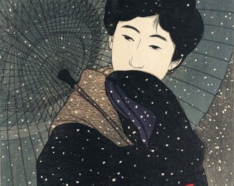 Japanese Art Print "Snowy Night" by Shinsui Ito, woodblock, giclée, print, fine art, asian art, cultural art, winter, snow, snowflakes