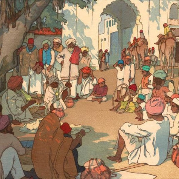 Japanese Art Print "Snake Charmers" from the India and Southeast Asia Series by Yoshida Hiroshi, woodblock, giclée, print, street market