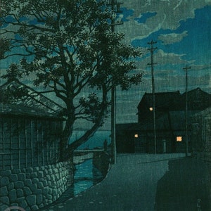 Japanese Art Print "Kamezaki at Night" by Kawase Hasui, woodblock, giclée, print, cultural art, asian art, cloudy, night, sea, Japan